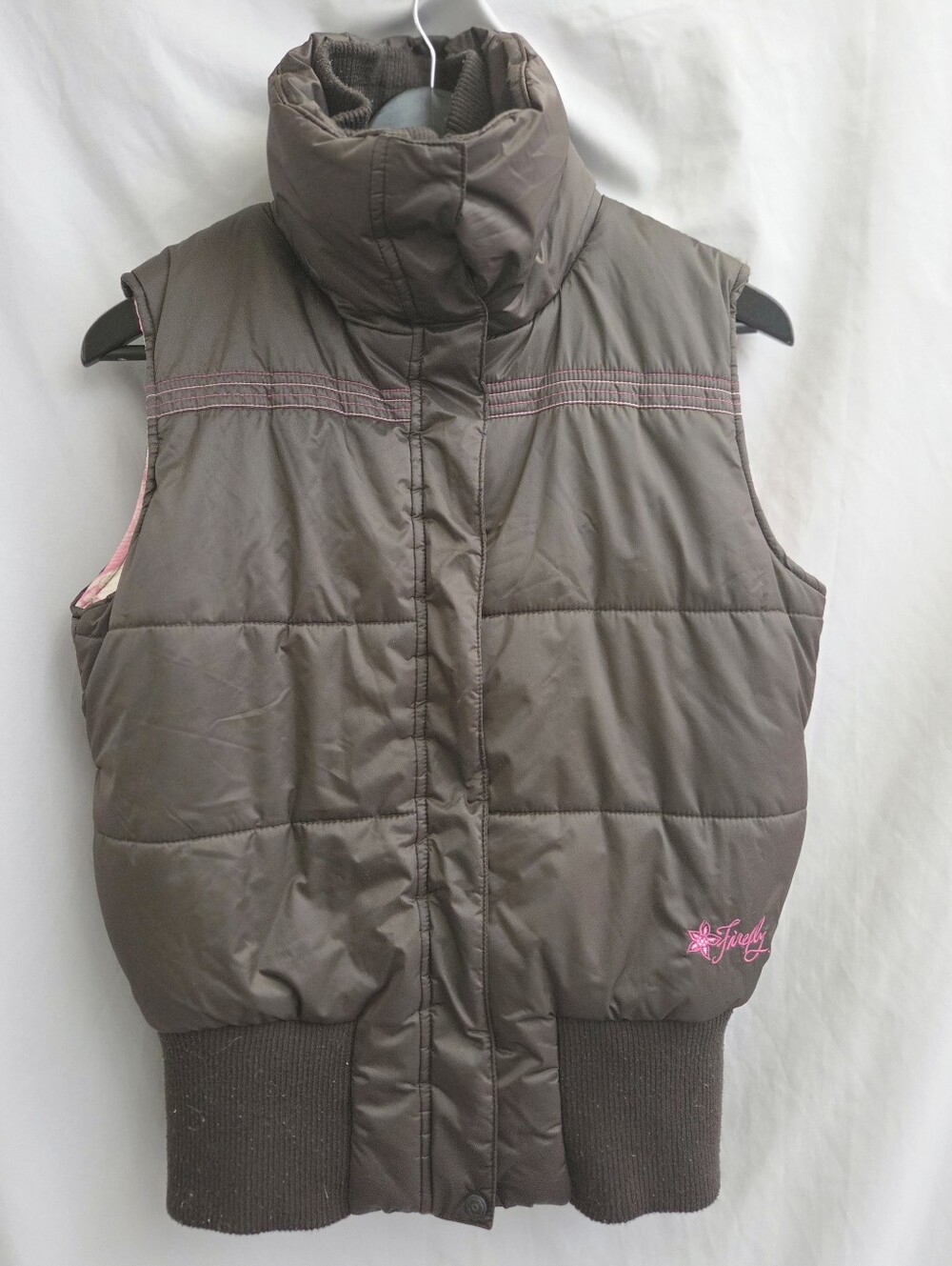 Brown Puffer Vest with Pink Accent